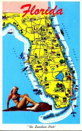 Mapa turístico -- con bono abajo (1962). Incluso hoy puede uno encontrarse postalitas como la de esta imagen en las tiendas de Miami Beach.