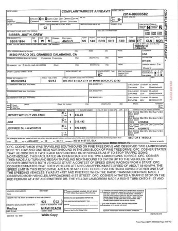Documento policial de la corte que detalla comportamiento de Justin Bieber al ser detenido.