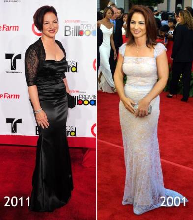 Gloria Estefan<br /><br />Diez años pasaron entre un look y otro, pero la cantante sigue conservando el mismo estilo clásico, sobrio y muy elegante. Y ella... se ve hoy tan espléndida como entonces.