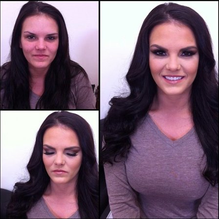 Mackenzie Pierce antes y después del maquillaje.