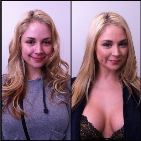 Sarah Vandella antes y después del maquillaje.