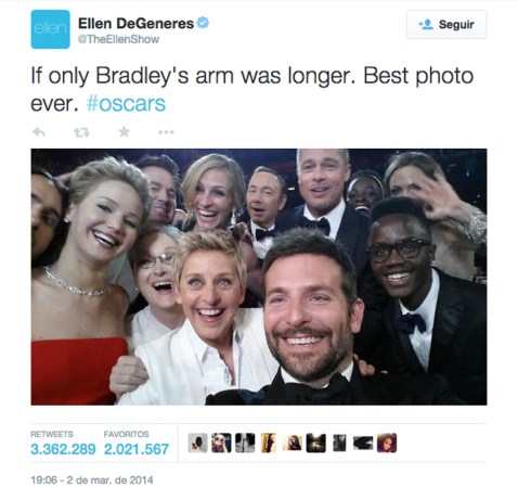 Como olvidar a Ellen DeGeneres en la última entrega 2014. Lo más recordado el selfie más difundido y el más caro si se le hubiese pagado a cada uno de los que aparecen.