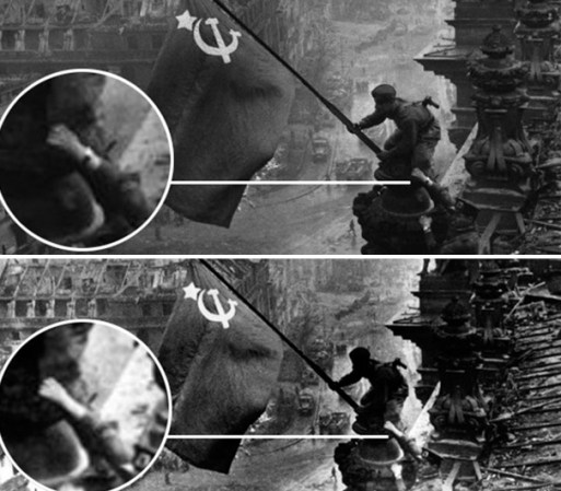 La icónica foto de unos soldados rusos levantado una bandera de la Unión Soviética fue alterada para remover lo que parece ser un reloj de la mano de un soldado.
