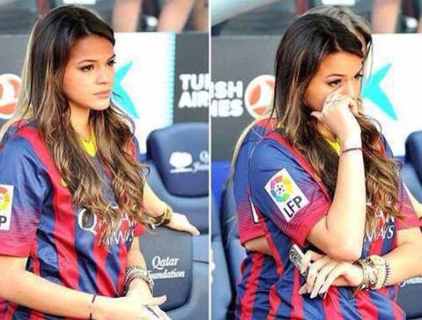 Bruna acompañó a Neymar en su presentación con el Barcelona. Ella está muy orgullosa del jugador.