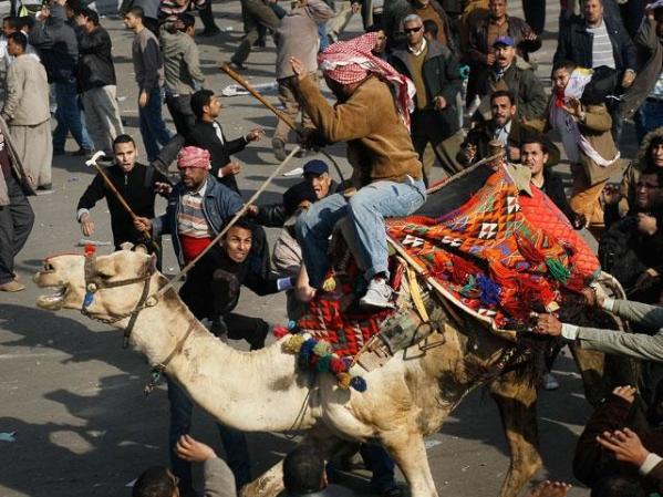 FEBRERO, 2011:Partidarios de Mubarak irrumpen en la plaza Tahir montados en camellos y golpeando con sus fustas a los manifestantes.