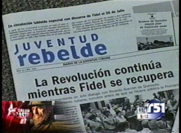 13 DE AGOSTO, 2006: Con motivo de su ochenta cumpleaños el diario oficialista "Juventud Rebelde" publica un mensaje y fotos del hombre fuerte que sigue desaparecido.