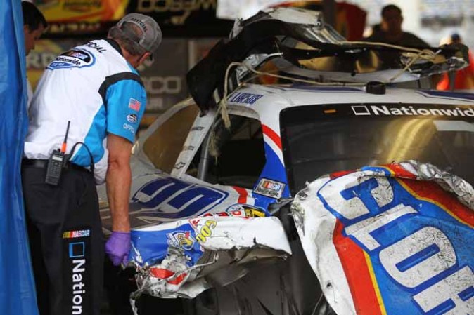 DAYTONA BEACH, FL - FEBRUARY 23: The #32 Clorox Chevrolet, driven by Kyle Larson, is seen following an incident at the finish of the NASCAR Nationwide Series DRIVE4COPD 300 at Daytona International Speedway on February 23, 2013 in Daytona Beach, Florida. (Photo by Todd Warshaw/Getty Images)