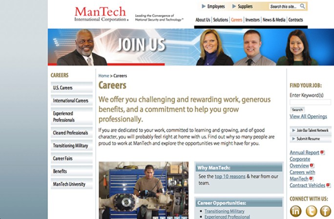 ManTech International Corporation <br /><br />Industria: Software<br /><br />Puestos de trabajo: Ingenieros Network, Gerentes, Programadores de Flash<br /><br />Las plazas son para: Virginia, Texas, California