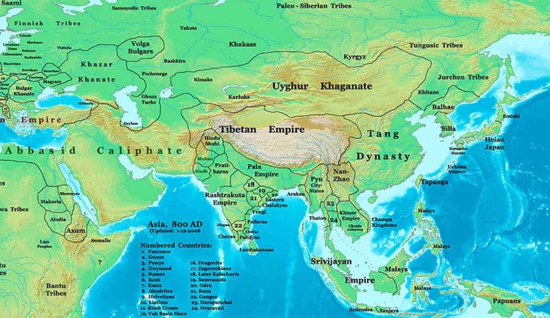 En este mapa del Asia y Africa (800 DC) se pueden observar más de una decena de países e imperios que ya han desaparecido, entre ellos el Imperio del Tibet.