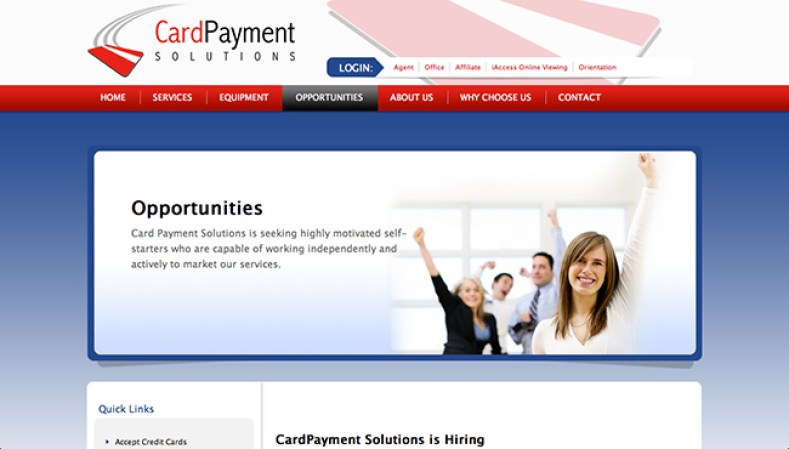 CardPayment Solutions<br /><br />Industria: Servicios finacieros, Banca<br /><br />Puestos de trabajo: Consultores de ventas, Ejecutivos de cuenta, Asociados de Ventas<br /><br />Las plazas son para: Chicago, Los Ángeles, Dallas
