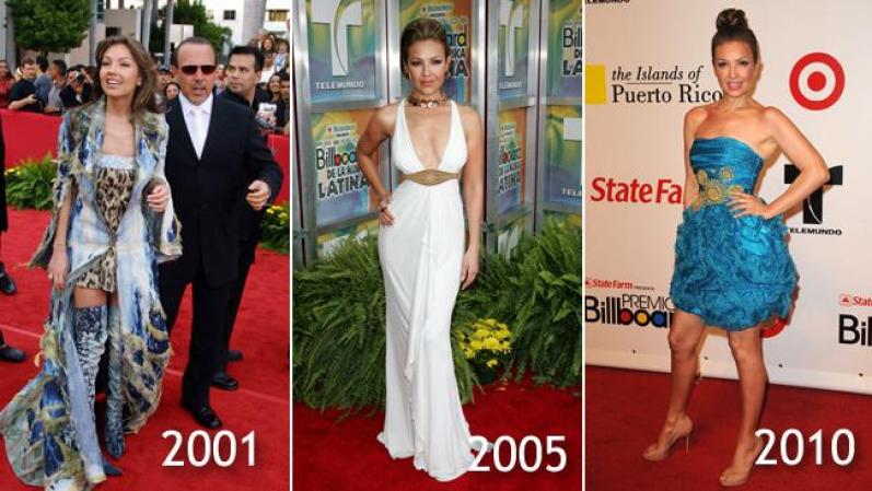 Thalía<br />Tres looks esencialmente distintos para la cantante. En 2001 una mezcla de estilos y estampados que pocos entendían, en 2005, una look de diosa griega muy sexy, en 2010, una vestido corto, hombros al descubierto y cabello recogido.
