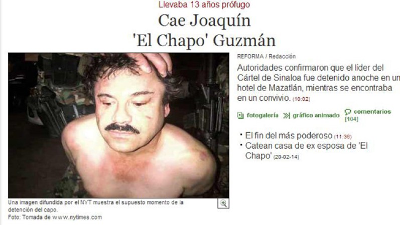 Así publicó el diario Reforma la primera foto de Guzmán capturado.