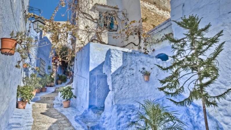 Chefchauen, Marruecos tiene callejuelas empinadas y de trazado irregular. La zona sirvió de refugio a los judíos de España que huyeron de la Inquisición en el siglo XVI. Su colorido azulado es la señal de su legado. La mayoría de esos judíos emigraron a Israel.