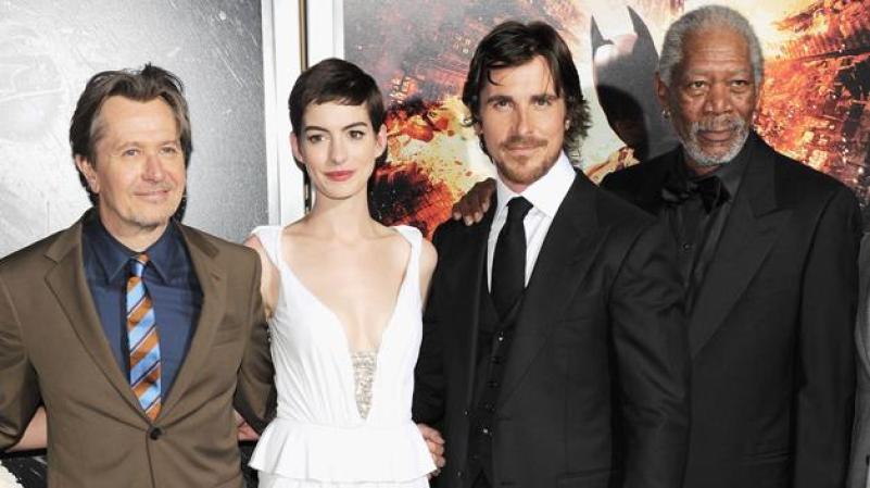 NEW YORK, NY - JULY 16: (L-R) Actors Gary Oldman, Anne Hathaway, Christian Bale and Morgan Freeman attend "The Dark Knight Rises" New York Premiere at AMC Lincoln Square Theater on July 16, 2012 in New York City. (Photo by Larry Busacca/Getty Images)