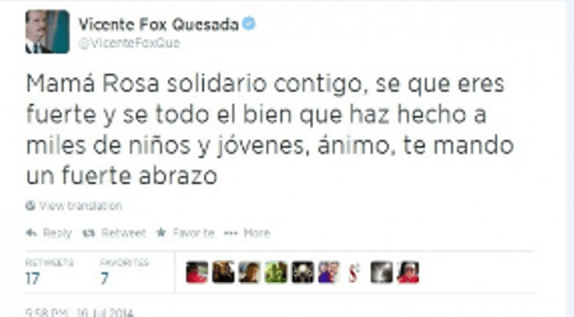 El ex presidente Vicente Fox expresó su apoyo a Mamá Rosa en un tuit.