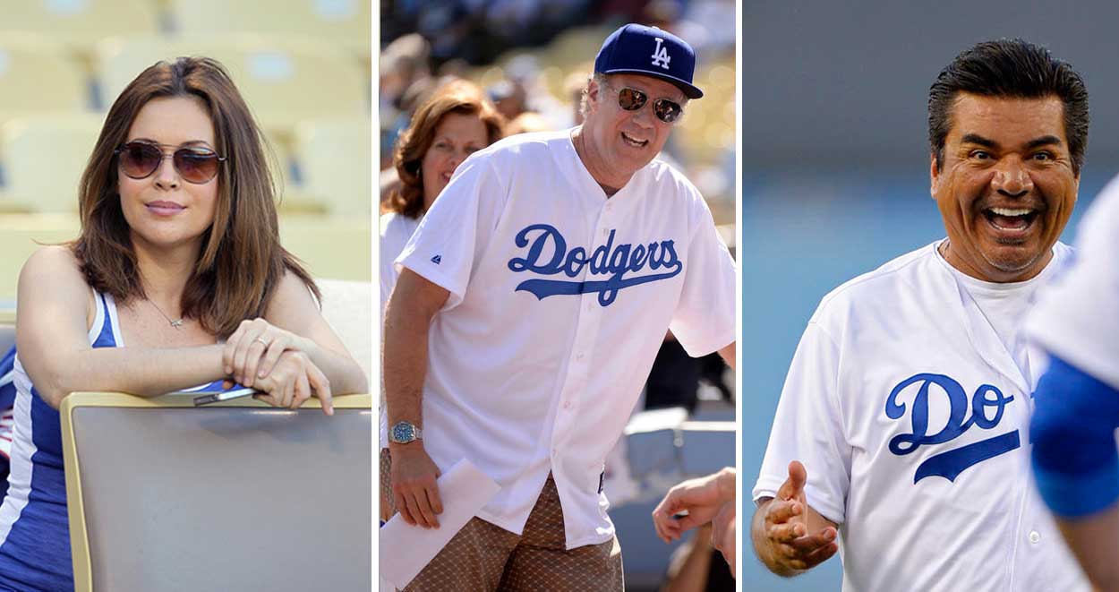Hollywood celebrities Alyssa Milano, Will Ferrell and George Lopez show off their Dodger blue.