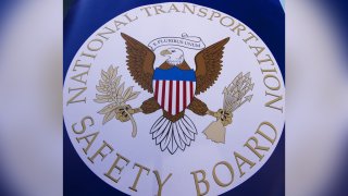 The NTSB logo is seen during a safety event for children in 2015.