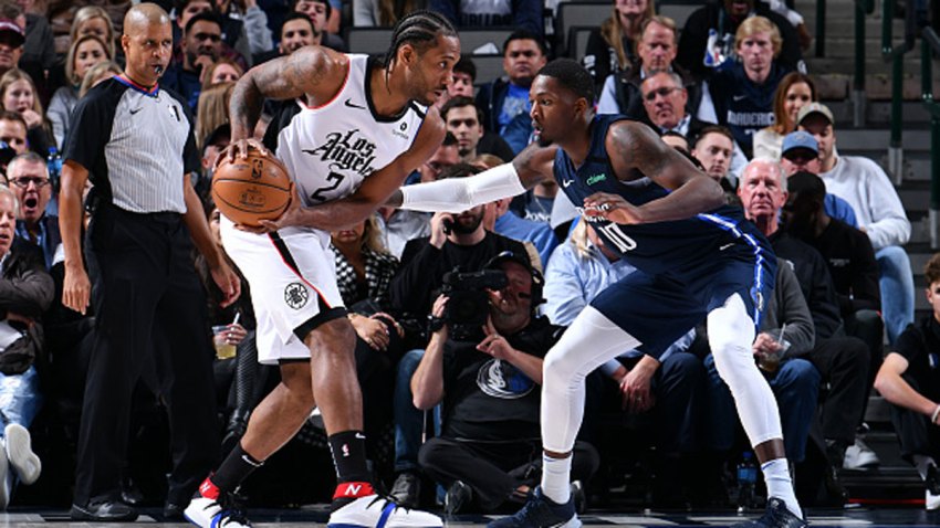 Kawhi Leonard #2 of the LA Clippers handles the ball against the Dallas Mavericks on Jan. 21, 2020 at the American Airlines Center in Dallas, Texas.