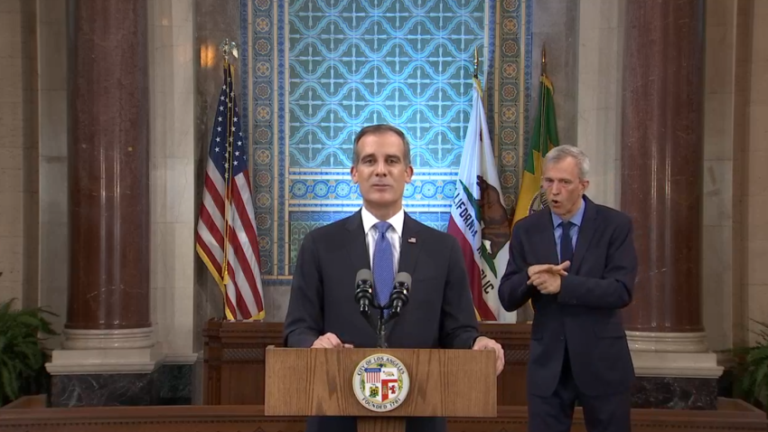 LA Mayor Eric Garcetti delivers his annual State of the City address in Los Angeles, California on Sunday, April 19, 2020.