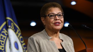 Representative Karen Bass, a Democrat from California and chair of the Democratic Black Caucus, speaks during a news conference on Capitol Hill in Washington, D.C., U.S., on Wednesday, July 1, 2020.