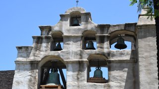 The bells atop the church still stand at Mission San Gabriel.