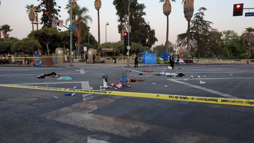 LAPD and LAFD paramedics responded to a hit-and-run traffic collision at the intersection of Wilshire Blvd, and Alvarado St. on Aug. 27, 2020.