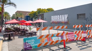 General view of Downtown Burbank's shopping and dining district transformed into a promenade to accommodate expanded outdoor dining due to COVID-19 restrictions on August 19, 2020 in Burbank, California.