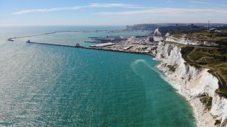 Bird's eye view of Dover Port and the white cliffs of the English Channel.