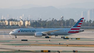 LOS ANGELES, CA - AUGUST 27: American Airlines Boeing 787 takes off from Los Angeles international Airport on August 27, 2020 in Los Angeles, California.