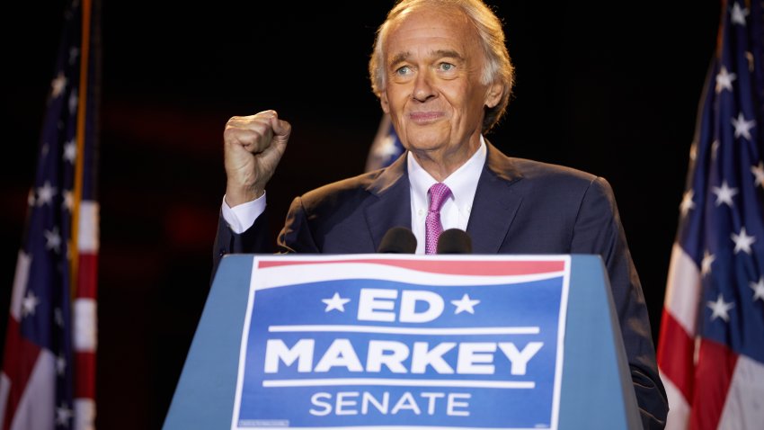 MALDEN, MA – SEPTEMBER 01: Sen. Ed Markey (D-MA) speaks at a primary election night event at Malden Public Library on September 1, 2020 in Malden, Massachusetts. Sen. Markey won the primary race over challenger Rep. Joe Kennedy III (D-MA) for the Democratic nomination for the U.S. Senate seat.