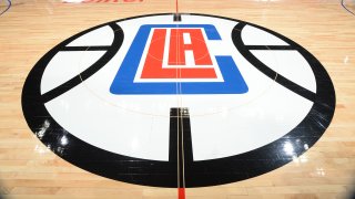 A general view of the Los Angeles Clippers logo on the floor of the Staples Center.