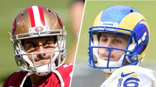 Jimmy Garoppolo #10 of the San Francisco 49ers (left) and Jared Goff #16 of the Los Angeles Rams (right).