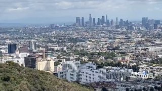 A view of Hollywood and downtown Los Angeles from Trebek Open Space.