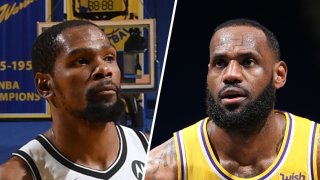 The Brooklyn Net's Kevin Durant (left) and LeBron James of the Los Angeles Lakers.