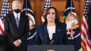 In this March 19, 2021, file photo, Vice President Kamala Harris speaks as US President Joe Biden looks on during a listening session with Georgia Asian American and Pacific Islander community leaders at Emory University in Atlanta, Georgia.
