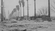 Debris and a few cars can be seen floating on Sherman Way in the San Fernando Valley. This 1938 image was taken from Mason Avenue looking east. The palm fronds indicate a southerly wind.