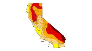 A US Drought Monitor map shows conditions in California in late march 2021.