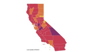 This map shows tier eligibility under California's Blue Print for Reopening as of March 30, 2021.
