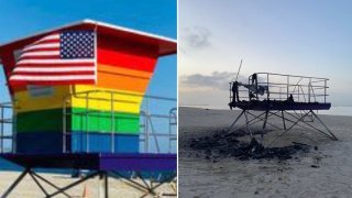 Before-and-after fire photos show the Long Beach Pride lifeguard tower.