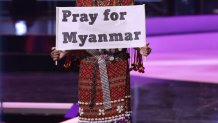 HOLLYWOOD, FLORIDA - MAY 13: Miss Myanmar Thuzar Wint Lwin appears onstage at the Miss Universe 2021 - National Costume Show at Seminole Hard Rock Hotel & Casino on May 13, 2021 in Hollywood, Florida. (Photo by Rodrigo Varela/Getty Images)