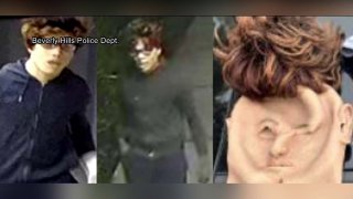 A man wearing a mask is caught on security camera video in these undated photos provided by the Los Angeles Police Department.