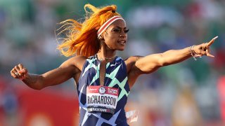 Sha'Carri Richardson runs and celebrates in the Women's 100 Meter semifinal on day 2 of the 2020 U.S. Olympic Track & Field Team Trials at Hayward Field on June 19, 2021 in Eugene, Oregon.