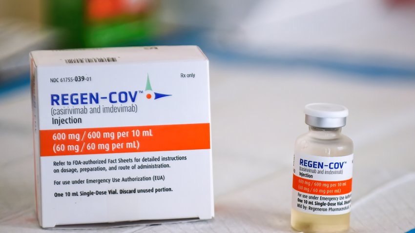 A box and vial of the Regeneron monoclonal antibody is seen