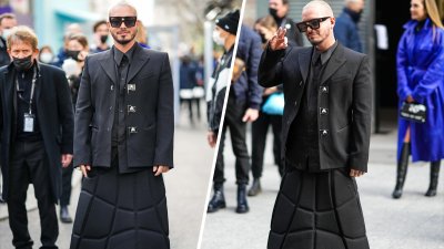 J Balvin lleva traje con falda al desfile de Louis Vuitton en