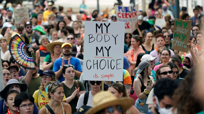 Demonstrators gather near the federal courthouse to protest the news that the U.S. Supreme Court could be poised to overturn the landmark Roe v. Wade case