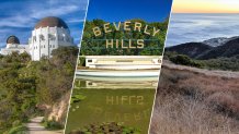 Photo split three ways showing scenery at Griffith Observatory, West Hollywood Park and Topanga State Park