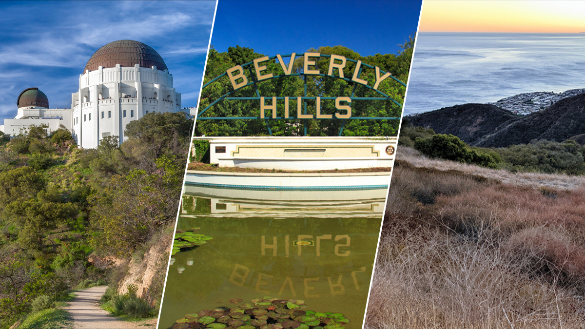 Photo split three ways showing scenery at Griffith Observatory, West Hollywood Park and Topanga State Park