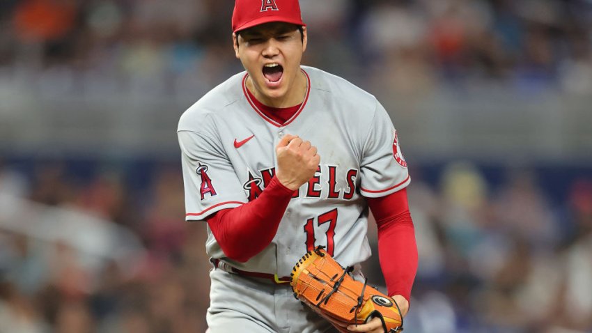 MIAMI, FLORIDA – JULY 06: Shohei Ohtani #17 of the Los Angeles Angels celebrates a strikeout during the seventh inning against the Miami Marlins at loanDepot park on July 06, 2022 in Miami, Florida. (Photo by Michael Reaves/Getty Images)