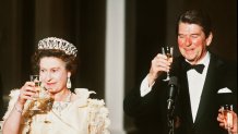 SAN FRANCISCO, CA - UNDATED: Queen Elizabeth II wearing tiara and diamonds, makes a toast with former US President Ronald Reagan at a banquet in 1983, in San Francisco, USA. (Photo by Anwar Hussein/Getty Images)