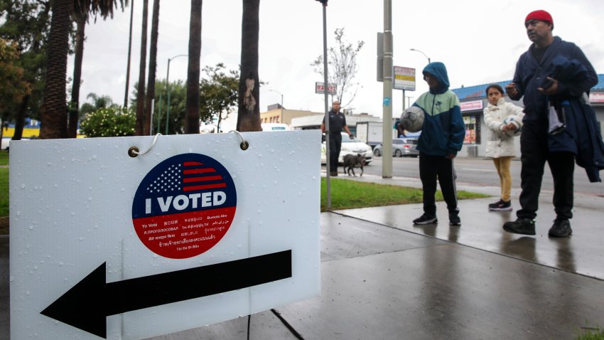 Los Angeles, CA – November 08: Rain drops on a direction sign to polling station at Ruben F. Salazar Park on Tuesday, Nov. 8, 2022 in Los Angeles, CA. (Irfan Khan / Los Angeles Times via Getty Images)